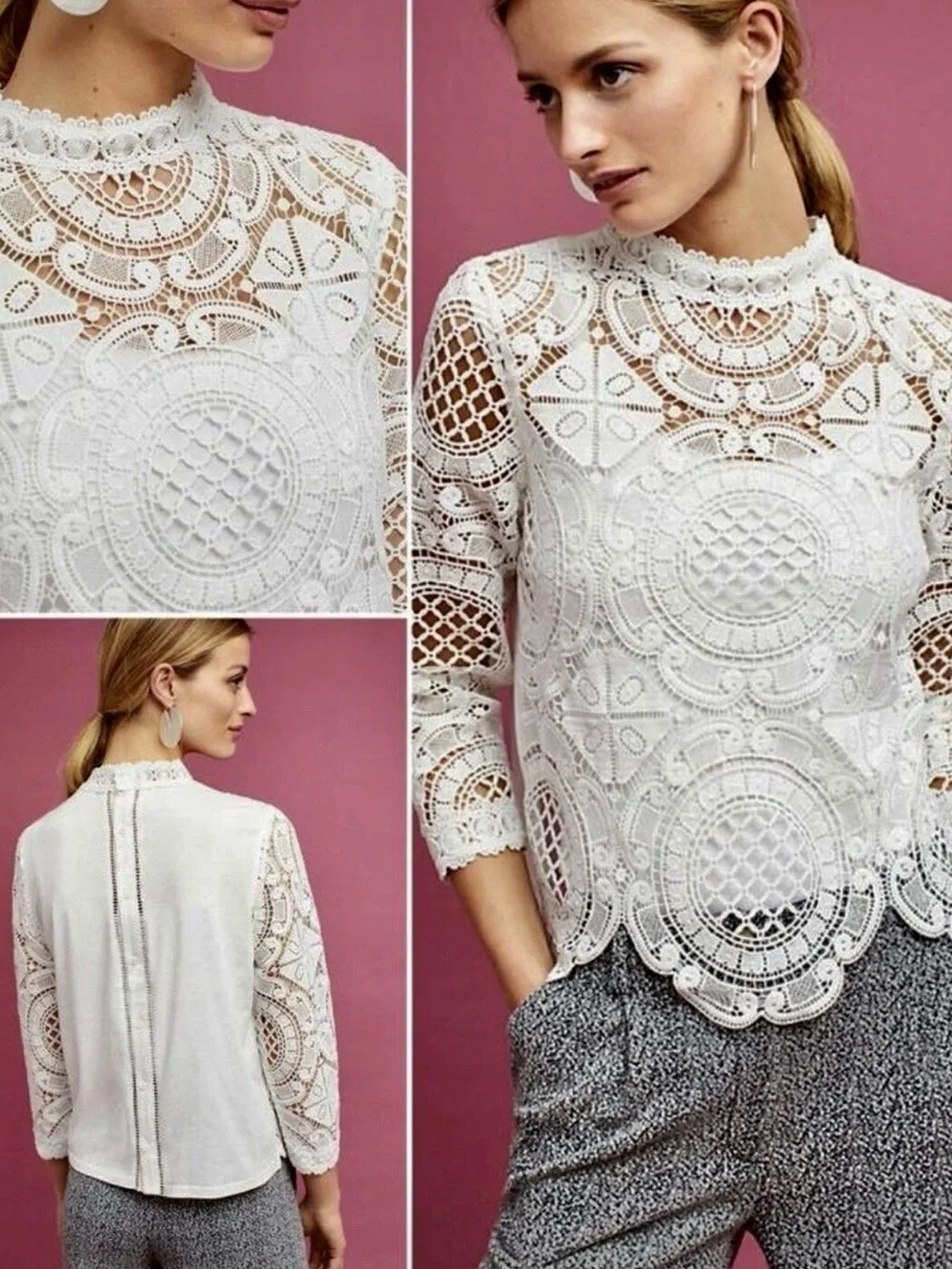 Anthropologie x James Corelli White Lace Medallion Mock-neck Blouse